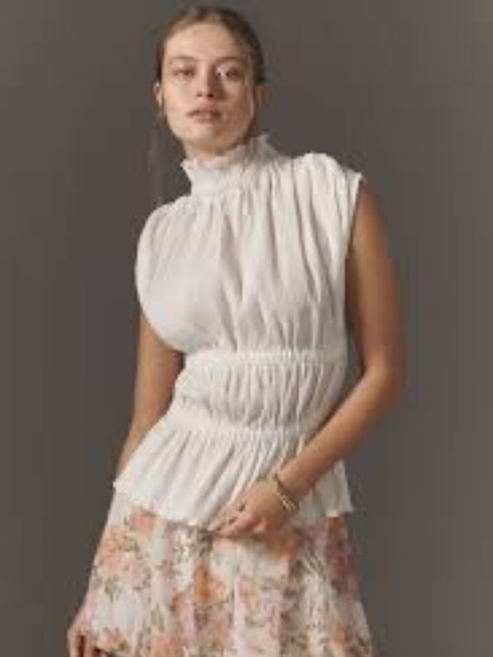 Anthropologie High-Neck Short-Sleeve Smocked Blouse, White - Size XL